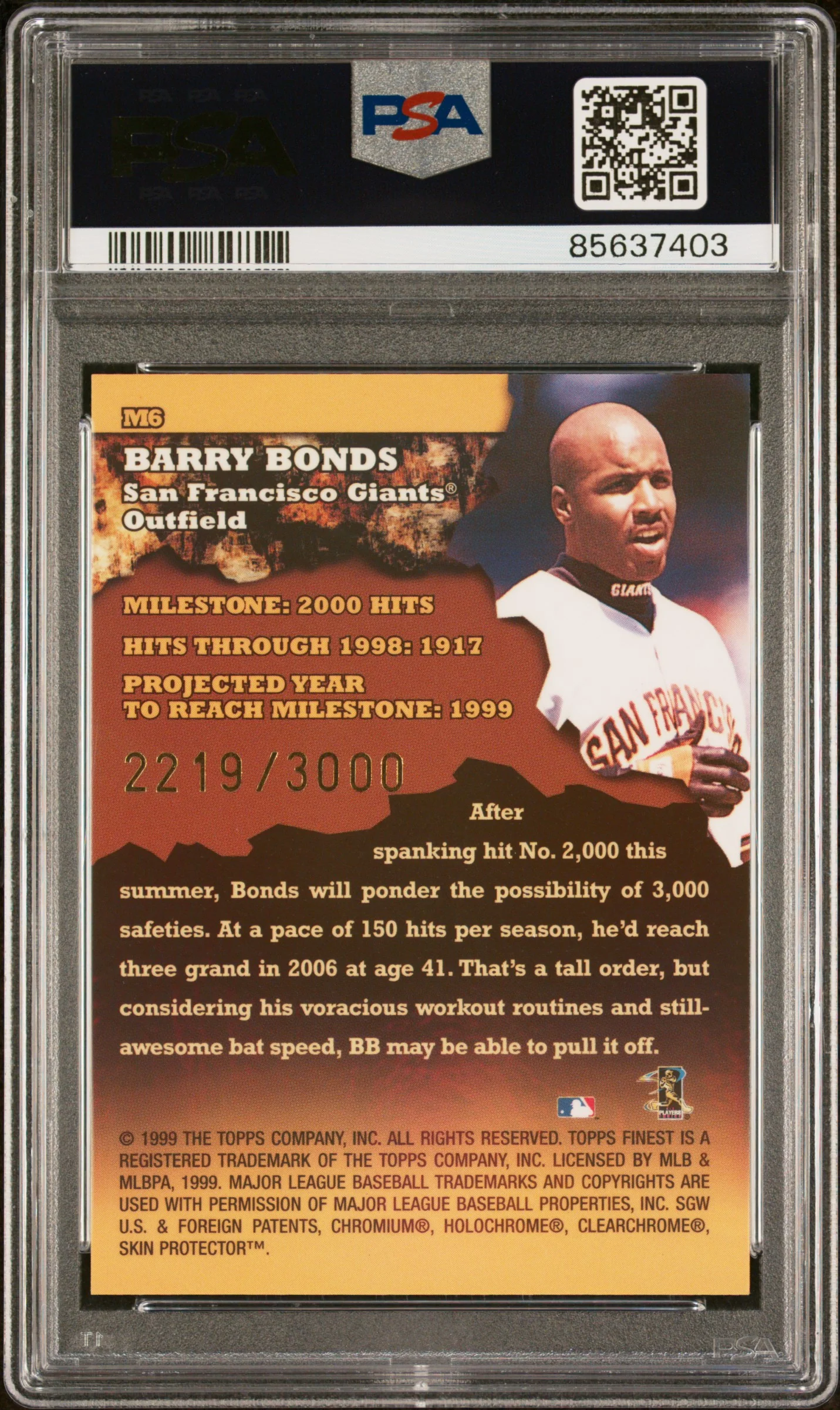 1999 Finest #M6 Barry Bonds Milestones PSA 10 #/3000 - Image 2