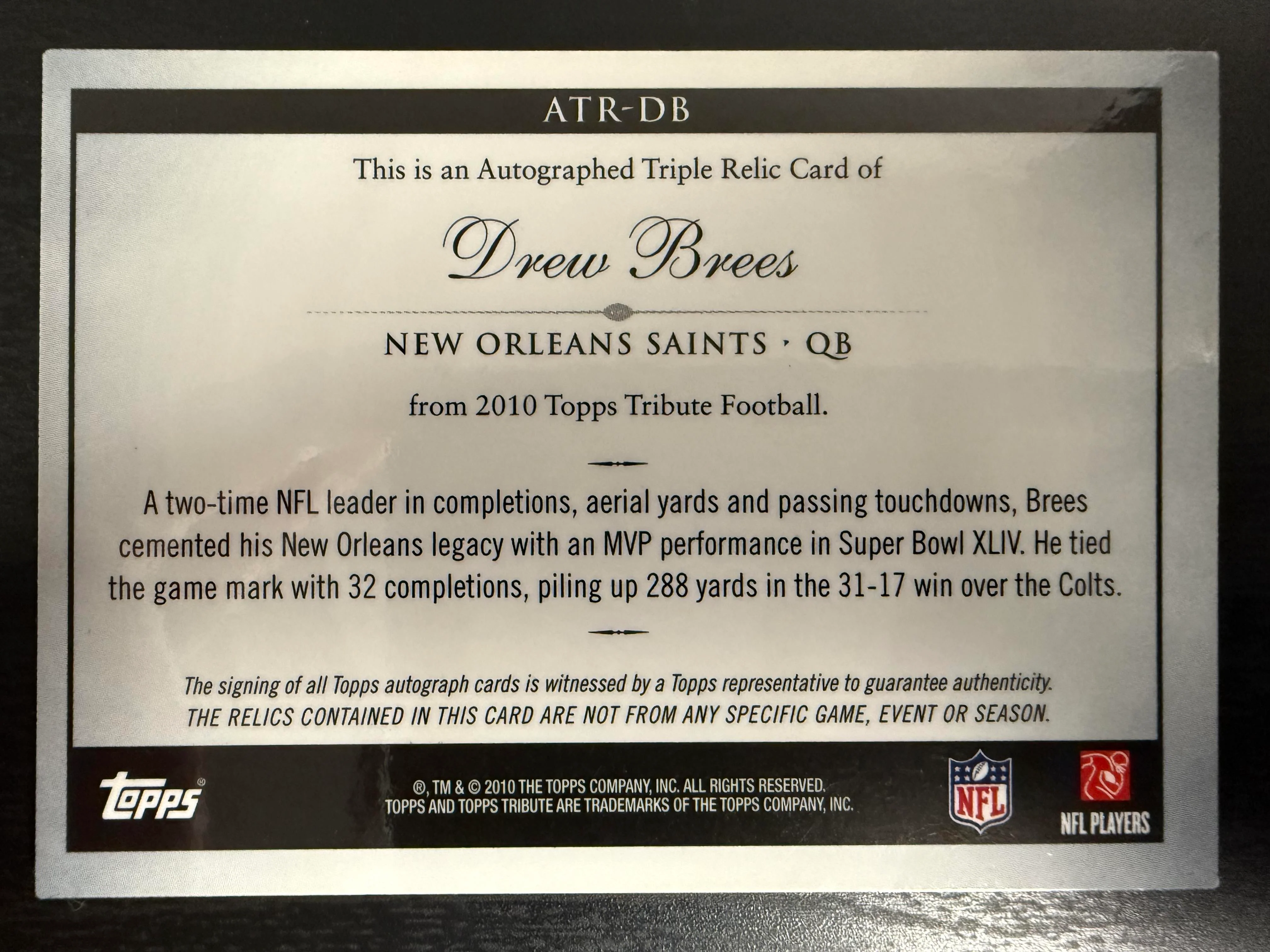 2010 Topps Tribute #ATR-DB Drew Brees Autographed Triple Relics #/20 - Image 2