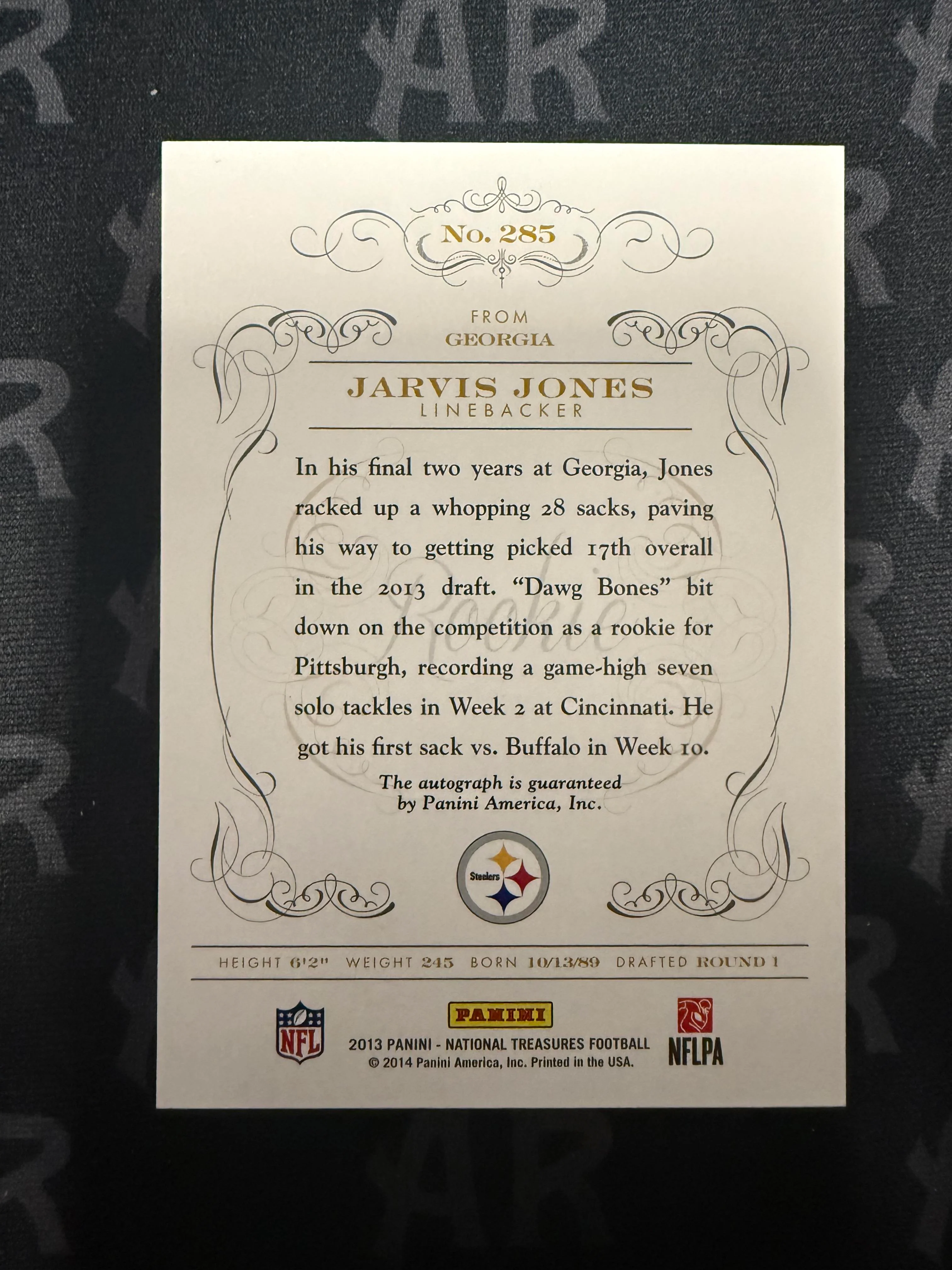2013 Panini National Treasures #285 Jarvis Jones Century Gold Auto /49 - Image 2