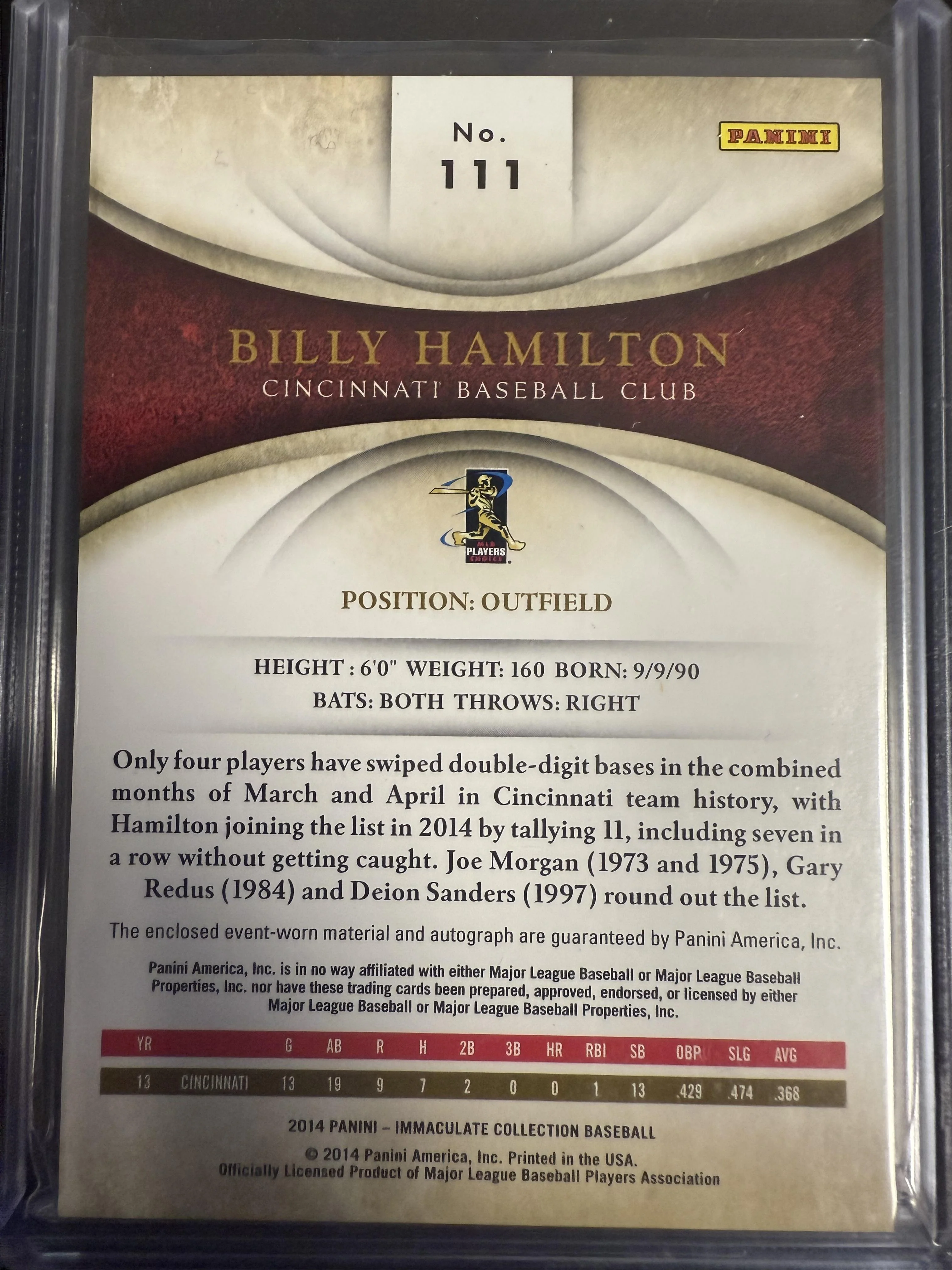 2014 Panini Immaculate #111 Billy Hamilton Rookie Autographs Materials /49 - Image 2