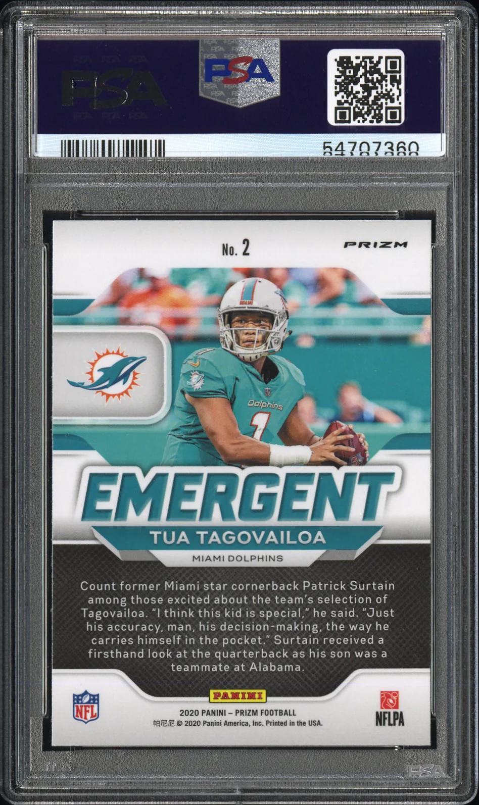 2020 Panini Prizm Emergent Tua Tagovailoa #2 Emergent-No Huddle (PSA 10) - Image 2