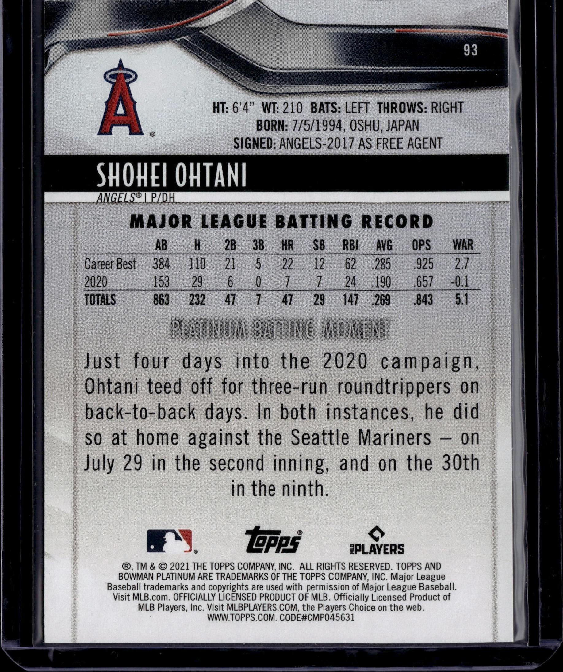 2021 Bowman Platinum #93 Shohei Ohtani Pink #/199 - Image 2