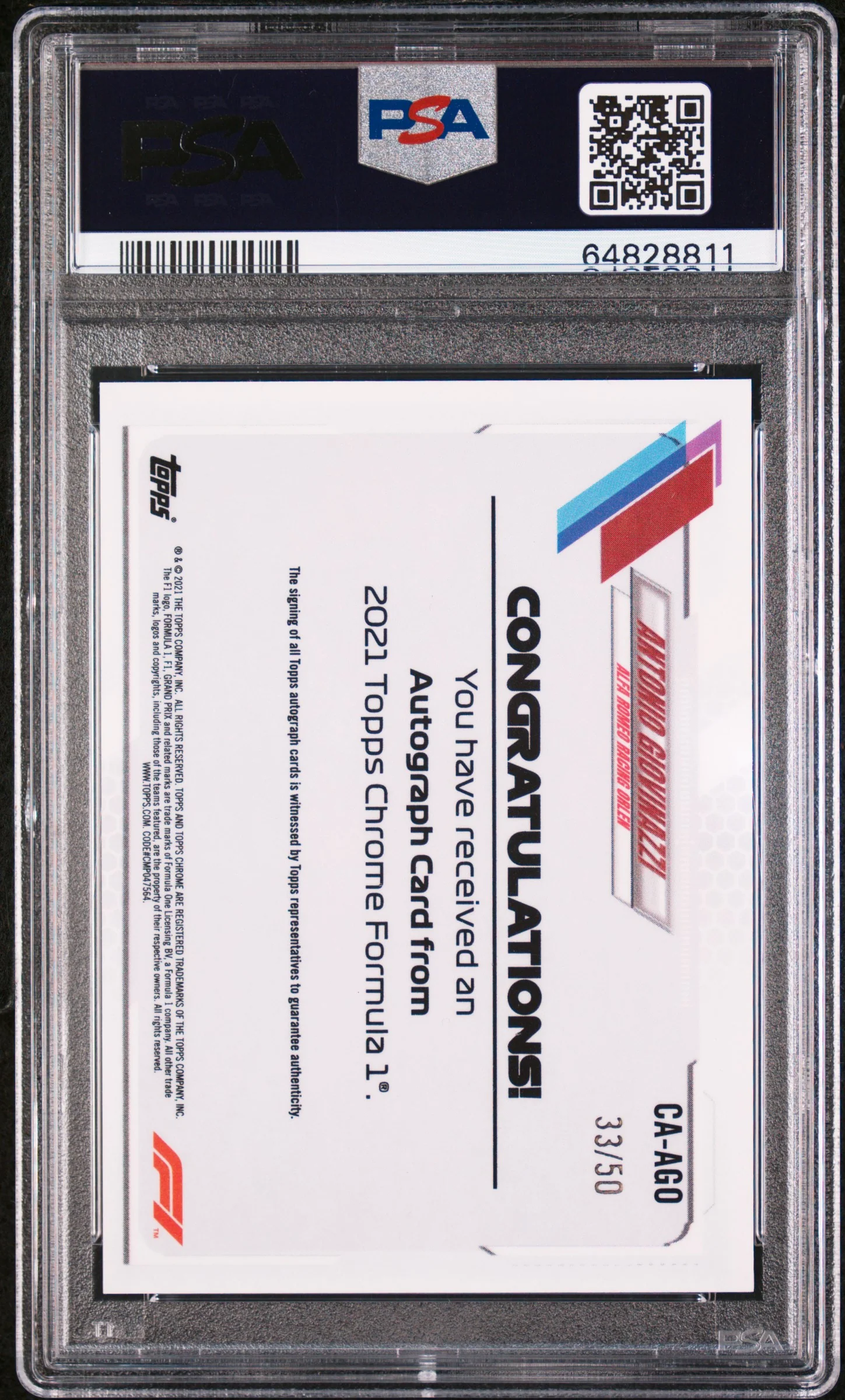 2021 Topps Chrome Formula 1 Antonio Giovinazzi Auto Gold /50 PSA 9 - Image 2