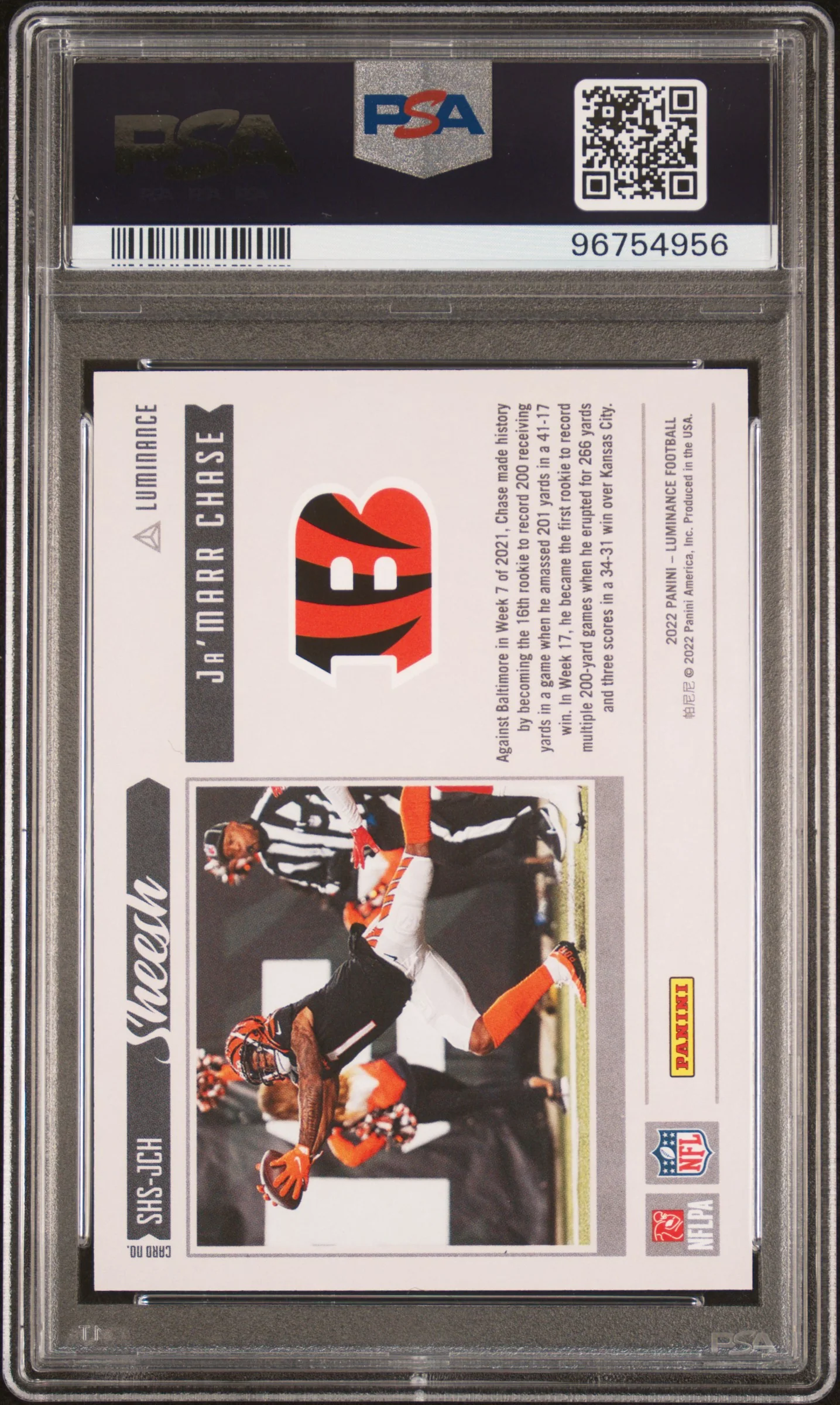 2022 Panini Luminance Ja'Marr Chase Sheesh Orange /100 PSA 9 - Image 2