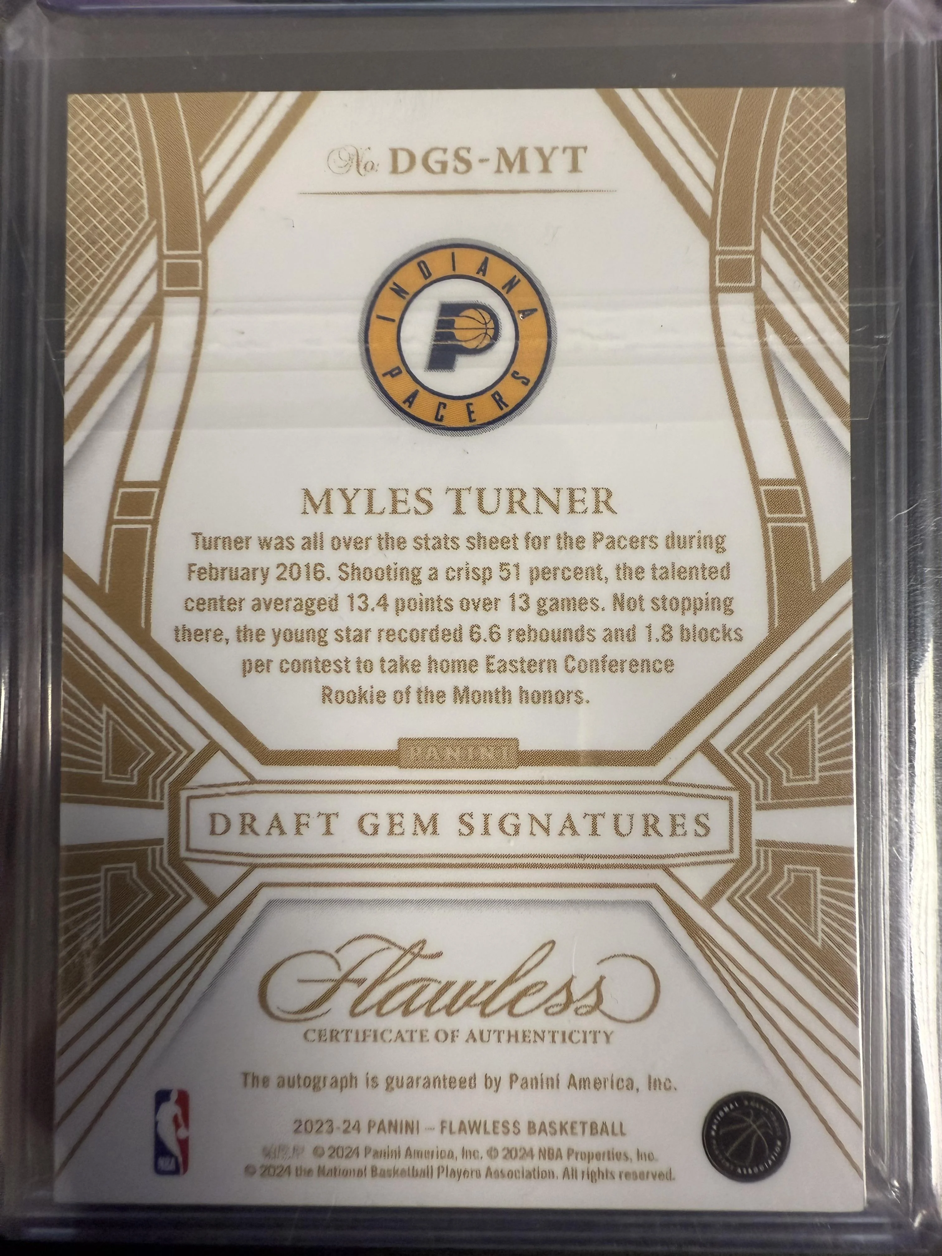 2023-24 Panini Flawless #DGS-MYT Myles Turner Draft Gems Signatures Platinum #/1 - Image 2