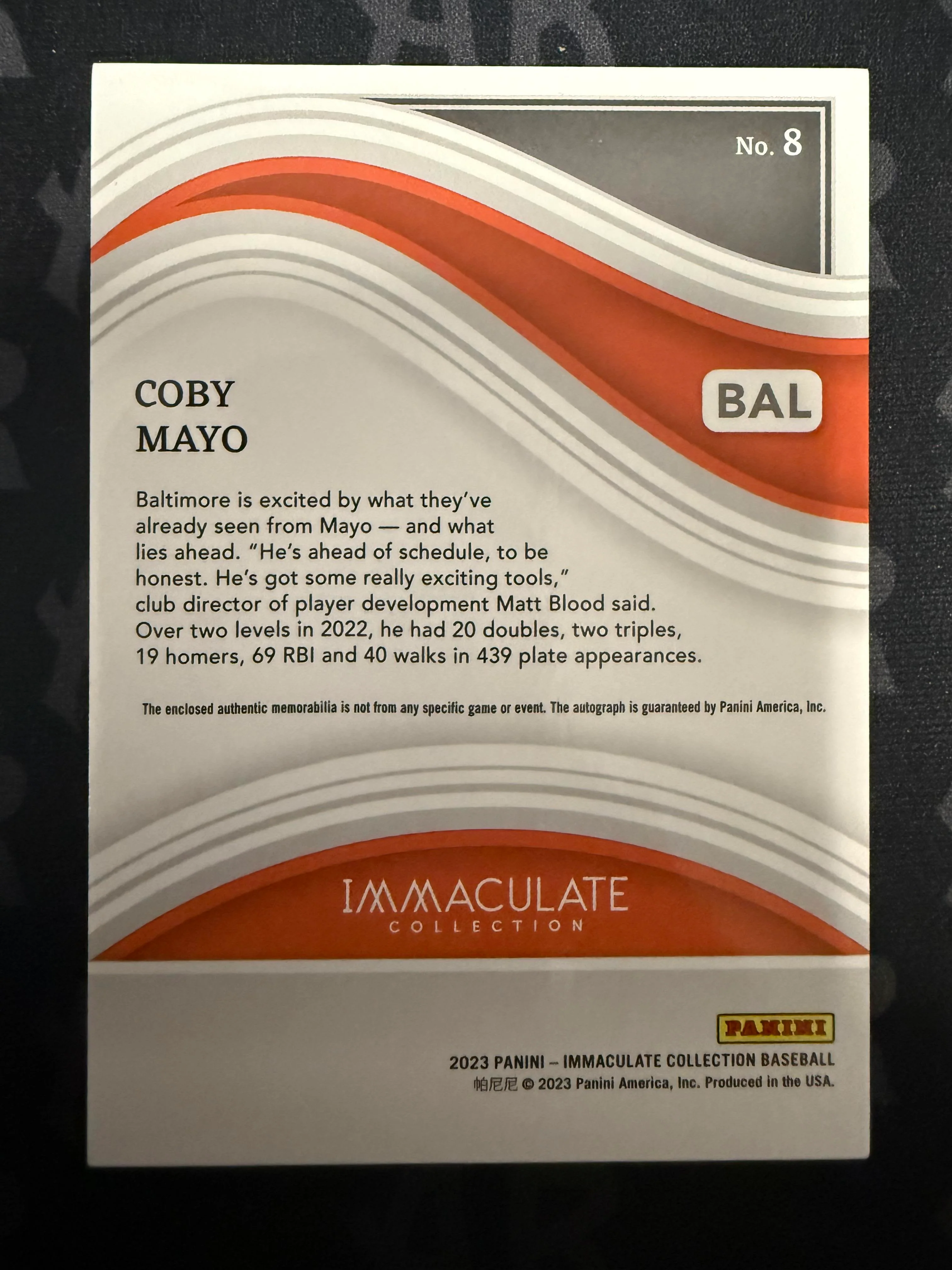 2023 Panini Immaculate Collection #8 Coby Mayo Black #/10 - Image 2