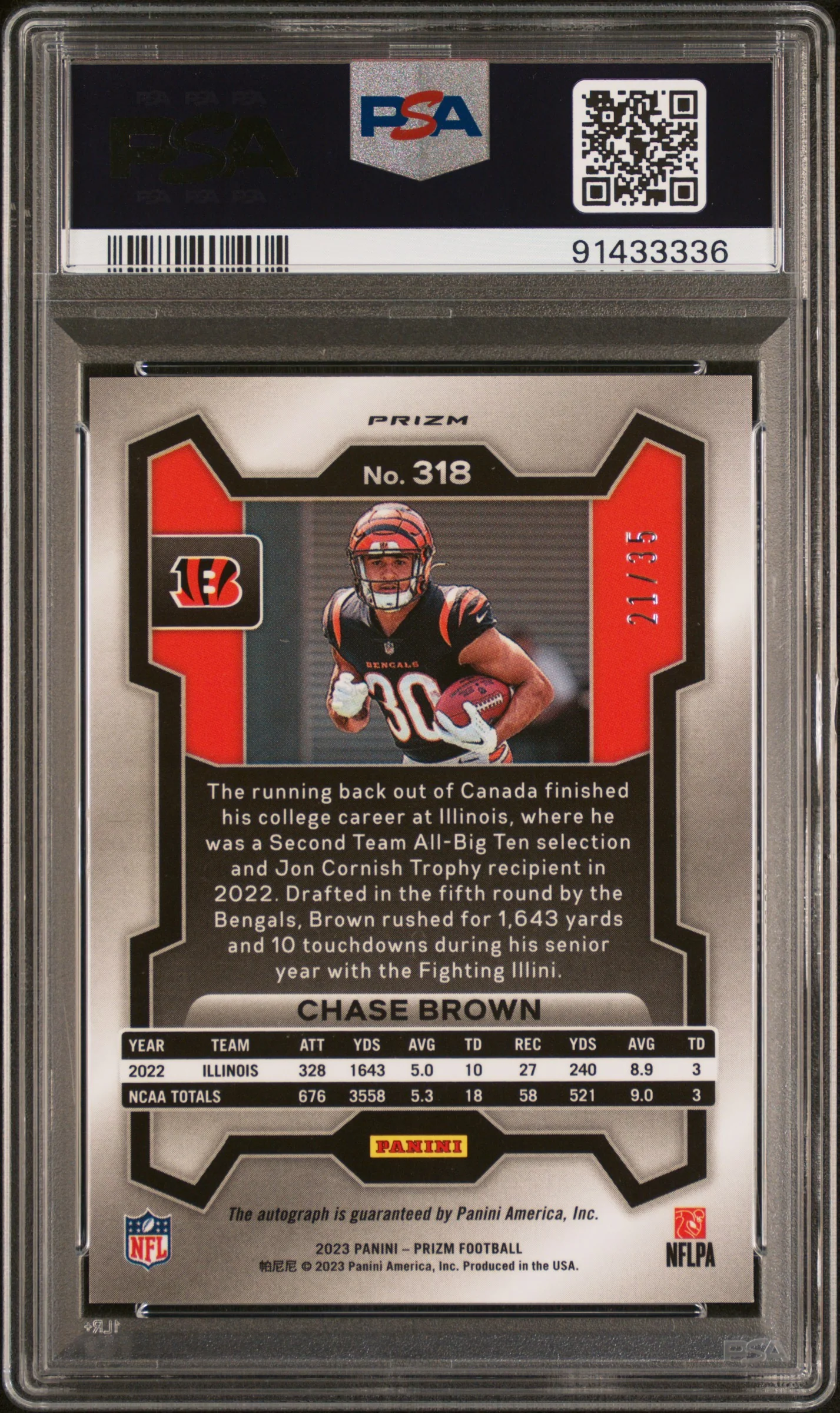 2023 Panini Prizm #318 Chase Brown Autograph-Red Shimmer PSA 10 #/35 - Image 2