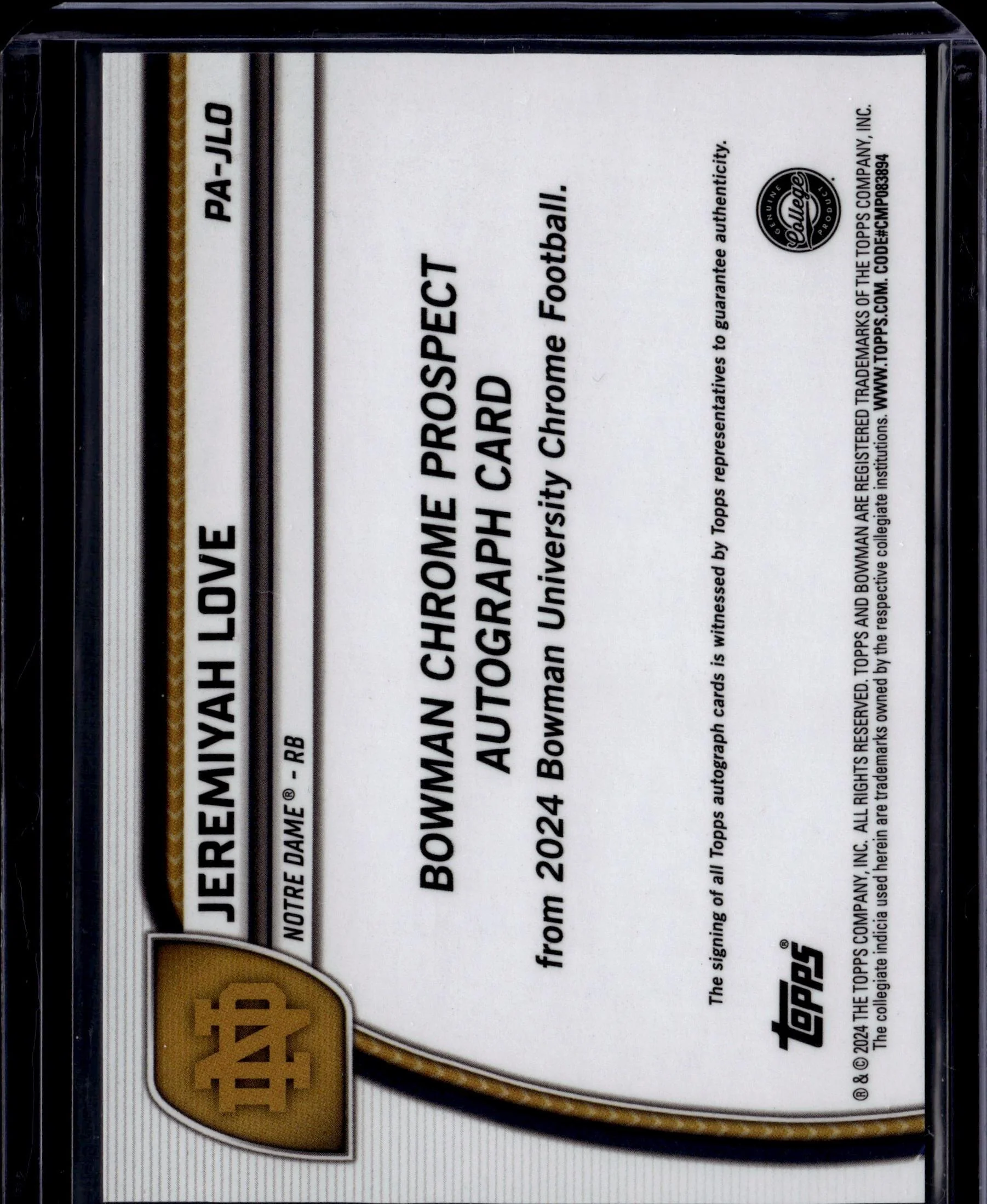 2024 Bowman University Chrome #PA-JLO Jeremiyah Love Prospect Autographs - Image 2