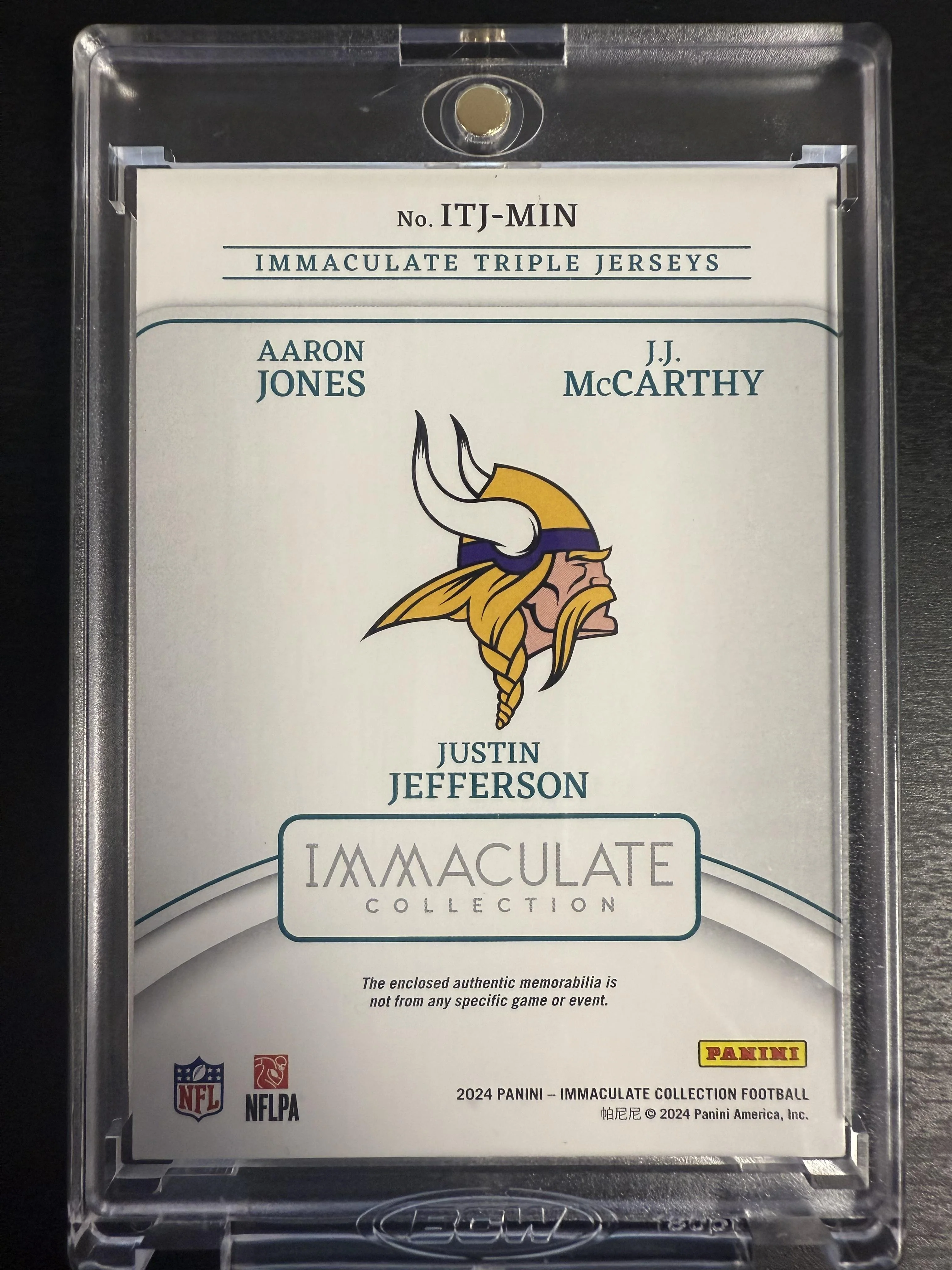 2024 Immaculate J.J. McCarthy/Aaron Jones/Justin Jefferson Triple Jersey /49 - Image 2