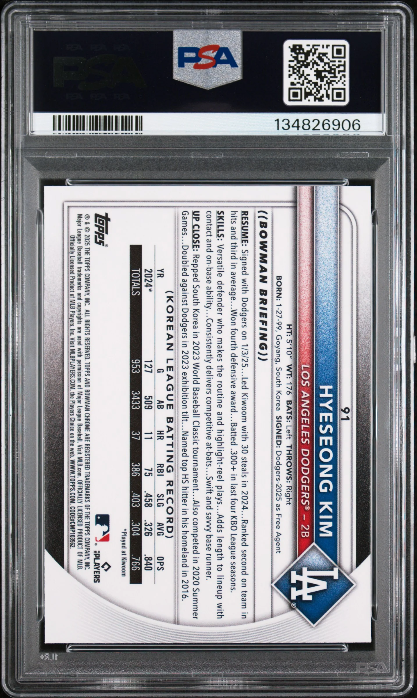 2025 Bowman #91 Hyeseong Kim Chrome Mojo Refractor PSA 10 - Image 2