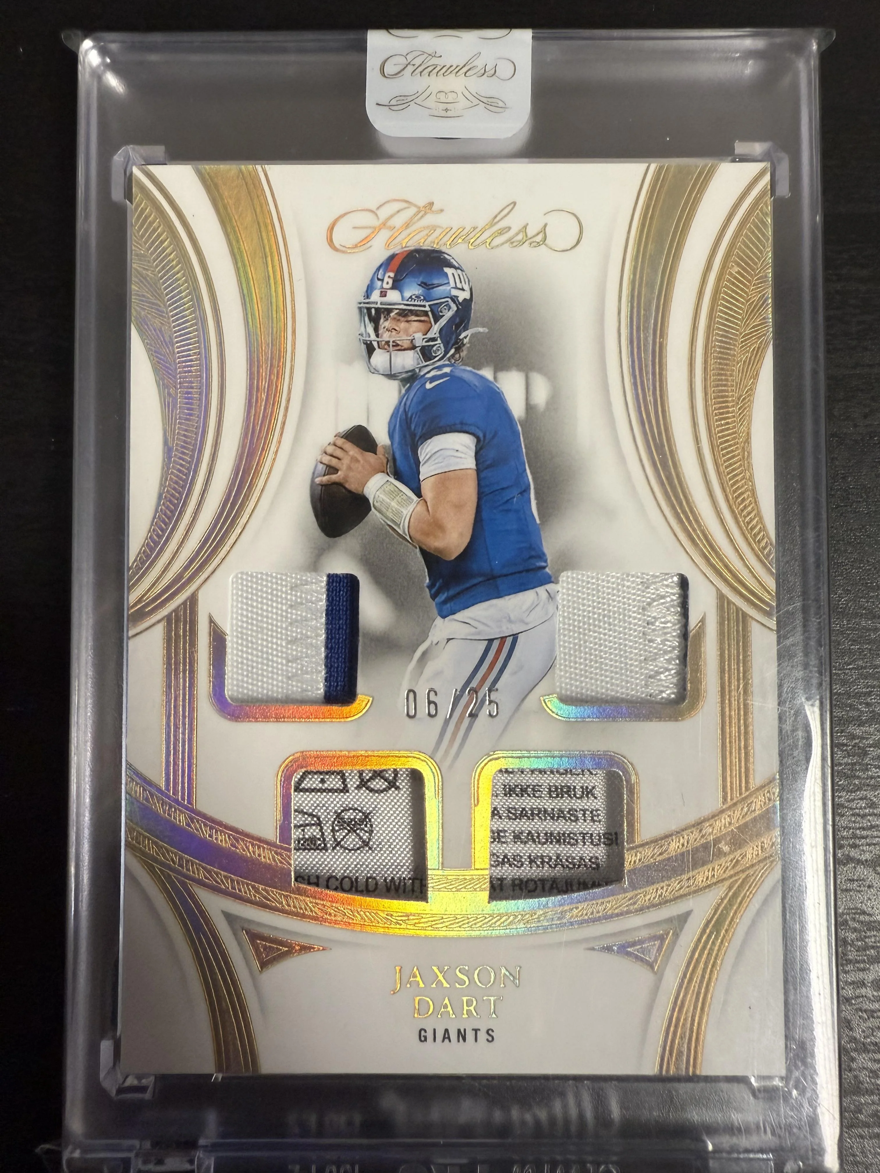 2025 Flawless Jaxson Dart Rookie Showcase Laundry Tags /25 Jersey #!
