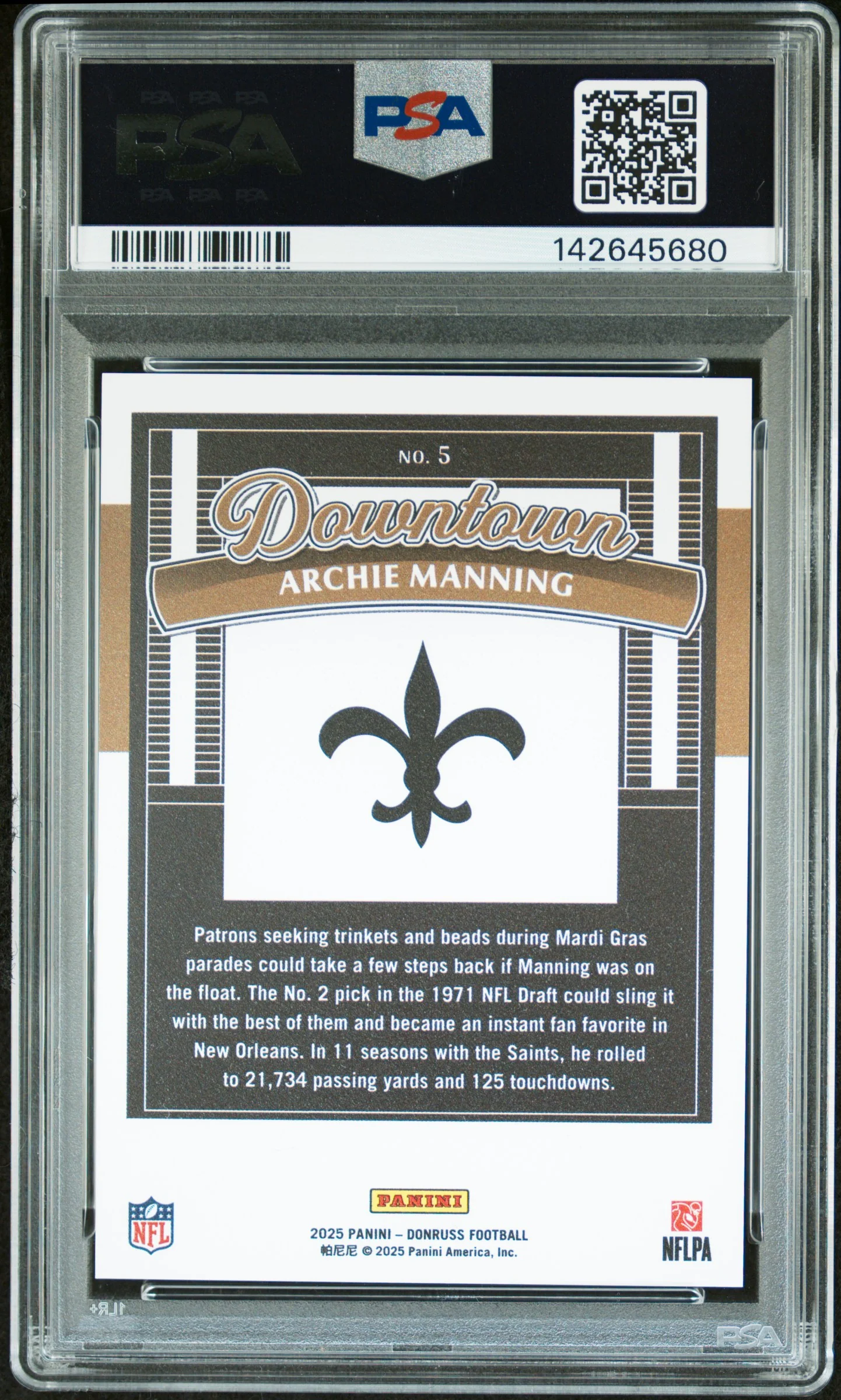 2025 Panini Donruss Downtown! Archie Manning #5 (PSA 10) - Image 2