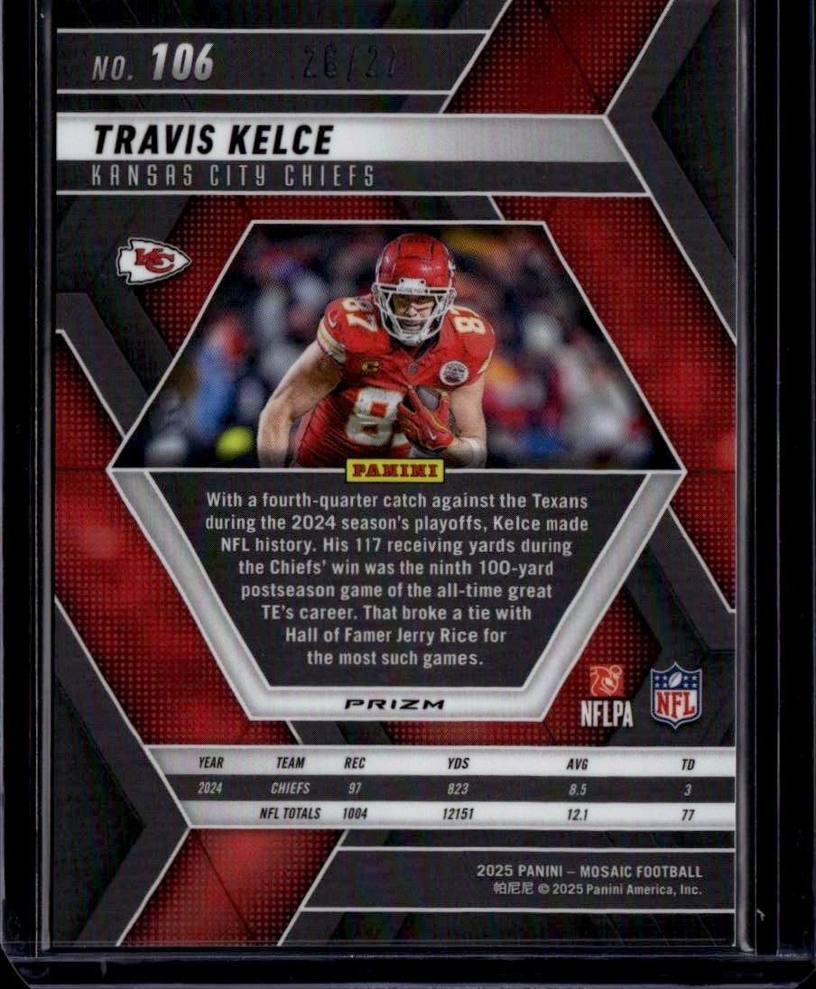 2025 Panini Mosaic #106 Travis Kelce Mosaic Red Wave #/27 - Image 2