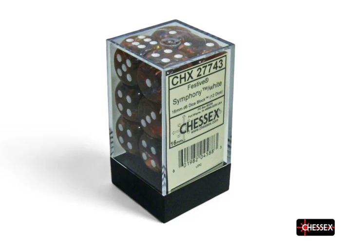 Festive Symphony/white 16mm D6 Dice Block (12 Dice) - Chessex