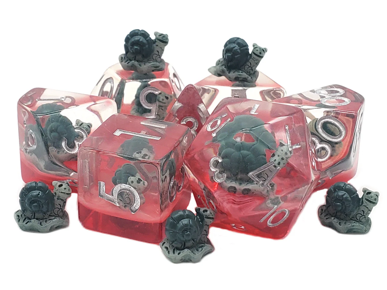 Old School 7 Piece DnD RPG Dice Set: Animal Kingdom - Snails - Green w/ Red
