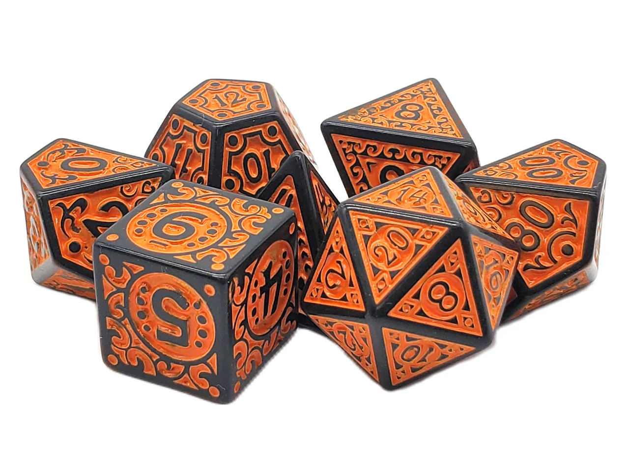 Old School 7 Piece DnD RPG Dice Set: Rune Dice - Magical Runes - Orange