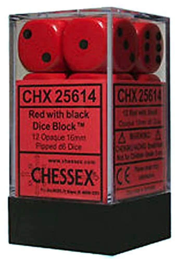 Opaque Red/Black 16mm D6 Dice Block (12 Dice) - Chessex