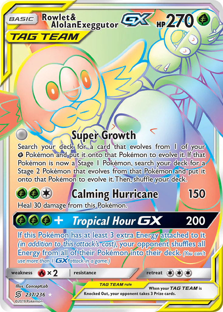Rowlet & Alolan Exeggutor-GX (237/236) - [Rainbow Holo] Unified Minds (UNM)