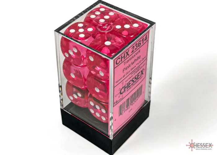 Translucent Pink/white 16mm D6 Dice Block (12 Dice) - Chessex